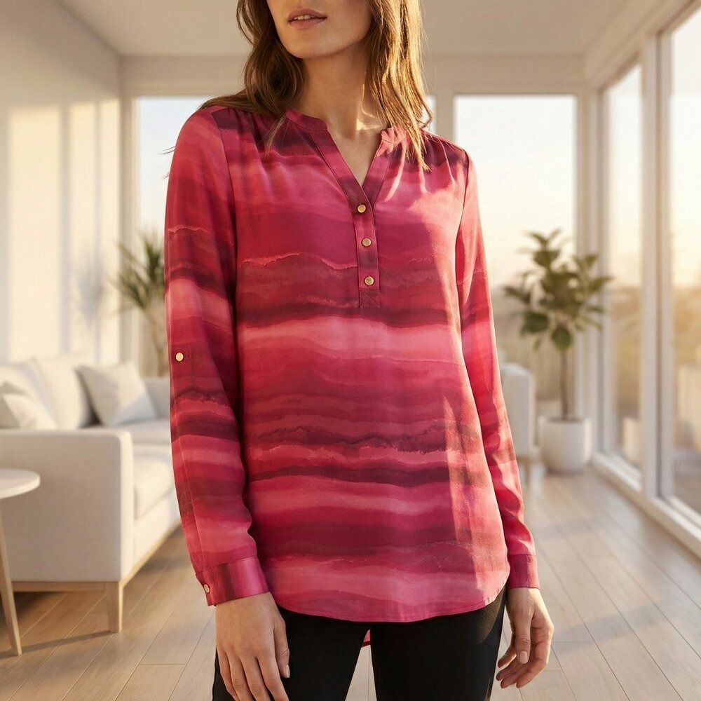 Investments Petites Pink Purple Watercolor Stripe Roll Tab Sleeve Blouse PS